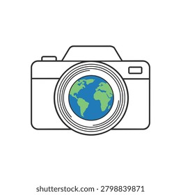 Vector illustration of a camera with the Earth inside the lens, symbolizing global photography and travel.