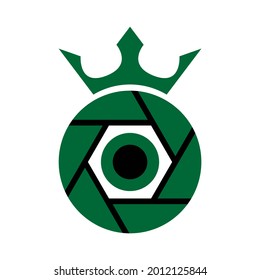 Vektorgrafik eines Kameraauges in der Mitte eines grünen Hexagons mit schwarzen Linien und einer Krone oben. gut für Symbole und Logos der Kameratechnologie