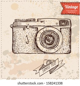 Vector illustration of camera hand draw on vintage paper background, cute label