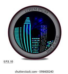 Vector illustration of camera lens with night city reflection. Camera photo lens with shutter  isolated on the white background.