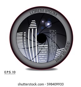 Vector illustration of camera lens with night city reflection in grey palette. Camera photo lens with shutter isolated on the white background.