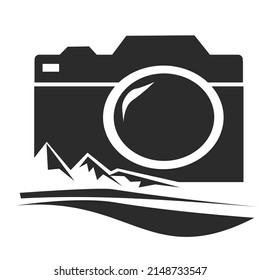 Vector Illustration of Camera with Mountain and Road in Black and White style. Can be used as Logo, Icon and Brands.