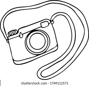 Vector illustration of a camera. camera on the belt. graphic sketch. favorite subject of the photographer. Cartoon doodles  art 