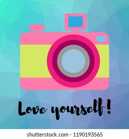 Vector illustration. Camera on a polygonal art background. Love yourself