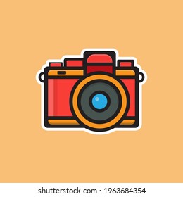 Vector illustration of a camera with orage background, flat style, stroke, vintage.