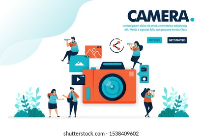 Cámara de ilustración del vector. La gente toma fotos con cámara. Compartir videos y fotos en las redes sociales. Fotografía para publicación. Diseñado para página de inicio, web, banner, móvil, plantilla, volante, afiche