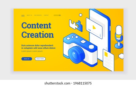 Vector illustration of camera and smartphone with video representing content creation industry near description and link button on banner. Isometric web banner, landing page template