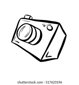 Vector illustration of a camera. Take a photo, take a picture. Simple line style drawing. Black on white background.