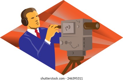 vector illustration of a cameraman operator with vintage video camera set inside diamond shape done in retro style.