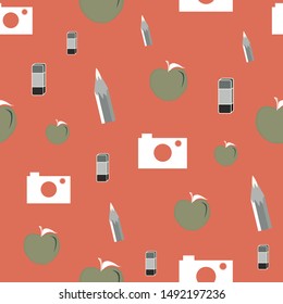Vector illustration of cameras, apples and eraser symbols on bright coral background. Seamless pattern for back to school supplies, textile, gifts, wallpaper and scrapbooking.