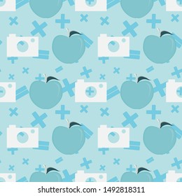 Vector illustration of cameras, apples and math symbols on light blue background. Seamless pattern for back to school supplies, textile, gifts, wallpaper and scrapbooking.