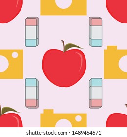 Vector illustration of cameras, red apples and eraser symbols on white background. Seamless pattern for back to school supplies, textile, gifts, wallpaper and scrapbooking.