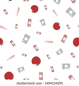 Vector illustration of cameras, red apples, pencils and eraser symbols on white background. Seamless pattern for back to school supplies, textile, gifts, wallpaper and scrapbooking.