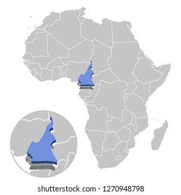 Vector illustration of Cameroon in blue on the grey model of Africa map with zooming replica of country