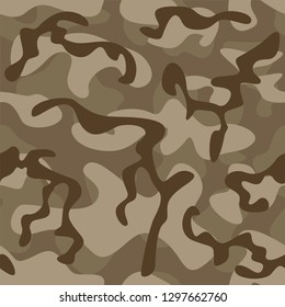 Vector illustration of a camouflage background in brown tones. Seamless pattern. Flat design for fabric of a military uniform.