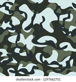 Vector illustration of a camouflage background in dark light tones. Seamless pattern. Flat design for fabric of a military uniform.