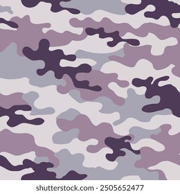 A vector illustration of a camouflage fabric with a blend of lavender, soft grey, and dusty rose.