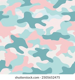 A vector illustration of a camouflage with pastel tones- light blue, pink, and mint green.
