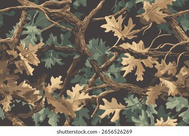 Vector illustration of a camouflage pattern with oak tree branches and leaves, a seamless texture for military design. Useable for hunting and military purposes. 