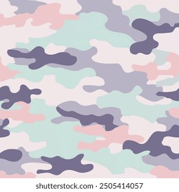 Vector illustration of a camouflage pattern using pastel shades- soft pink, lavender, and light mint.