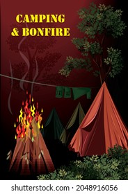 Vektorgrafik von Lager und Feuer im Wald. Lagergruppe für Nacht Feuer. mehrere Zelte um das Feuer herum. Verwendung für den Hintergrund. Lage und Buchstaben des Camps und Feuer können bearbeitet werden