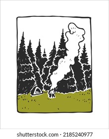 Vector illustration of camp in forest. Hand drawn landscape with tent and campfire on background of trees. Sketch for camping design on linocut style.