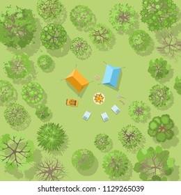 Vector Illustration. Camp With Tents And A Fire In The Forest. Top View.