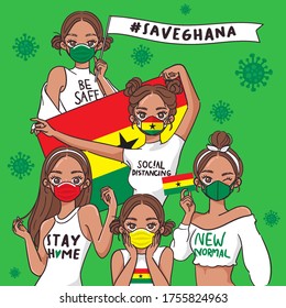 Vector Illustration for Campaign on Covid-19 Prevention : Set of pretty girls wearing medical mask and holding national flag : Flag of Ghana