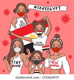 Vector Illustration for Campaign on Covid-19 Prevention : Set of pretty girls wearing medical mask and holding national flag : Flag of Egypt