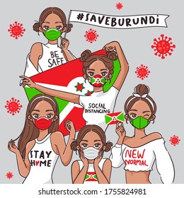 Vector Illustration for Campaign on Covid-19 Prevention : Set of pretty girls wearing medical mask and holding national flag : Flag of Burundi