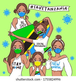 Vector Illustration for Campaign on Covid-19 Prevention : Set of pretty girls wearing medical mask and holding national flag : Flag of Tanzania
