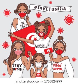 Vector Illustration for Campaign on Covid-19 Prevention : Set of pretty girls wearing medical mask and holding national flag : Flag of Tunisia