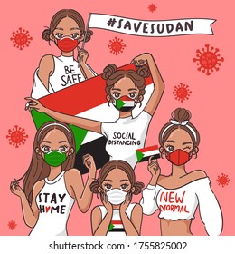 Vector Illustration for Campaign on Covid-19 Prevention : Set of pretty girls wearing medical mask and holding national flag : Flag of Sudan