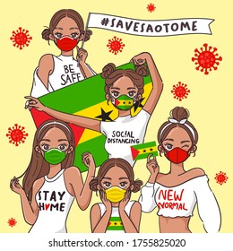 Vector Illustration for Campaign on Covid-19 Prevention : Set of pretty girls wearing medical mask and holding national flag : Flag of Sao Tome