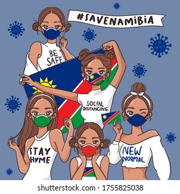 Vector Illustration for Campaign on Covid-19 Prevention : Set of pretty girls wearing medical mask and holding national flag : Flag of Namibia