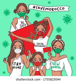 Vector Illustration for Campaign on Covid-19 Prevention : Set of pretty girls wearing medical mask and holding national flag : Flag of Morocco