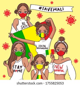 Vector Illustration for Campaign on Covid-19 Prevention : Set of pretty girls wearing medical mask and holding national flag : Flag of Mali