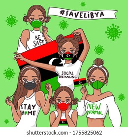 Vector Illustration for Campaign on Covid-19 Prevention : Set of pretty girls wearing medical mask and holding national flag : Flag of Libya