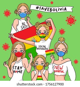 Vector Illustration for Campaign on Covid-19 Prevention : Set of pretty girls wearing medical mask and holding national flag : Flag of Bolivia