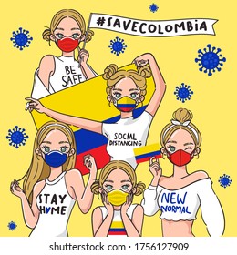 Vector Illustration for Campaign on Covid-19 Prevention : Set of pretty girls wearing medical mask and holding national flag : Flag of Colombia