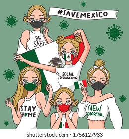 Vector Illustration for Campaign on Covid-19 Prevention : Set of pretty girls wearing medical mask and holding national flag : Flag of Mexico