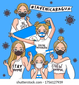 Vector Illustration for Campaign on Covid-19 Prevention : Set of pretty girls wearing medical mask and holding national flag : Flag of Nicaragua