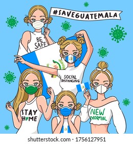 Vector Illustration for Campaign on Covid-19 Prevention : Set of pretty girls wearing medical mask and holding national flag : Flag of Guatemala