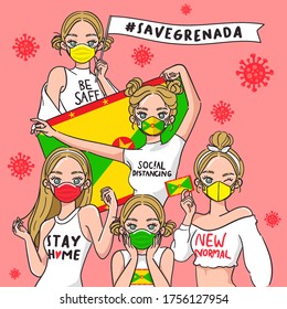 Vector Illustration for Campaign on Covid-19 Prevention : Set of pretty girls wearing medical mask and holding national flag : Flag of Grenada