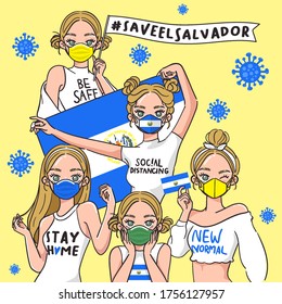 Vector Illustration for Campaign on Covid-19 Prevention : Set of pretty girls wearing medical mask and holding national flag : Flag of El Salvador