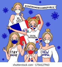 Vector Illustration for Campaign on Covid-19 Prevention : Set of pretty girls wearing medical mask and holding national flag : Flag of Dominican Republic