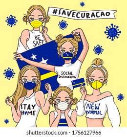 Vector Illustration for Campaign on Covid-19 Prevention : Set of pretty girls wearing medical mask and holding national flag : Flag of Curacao