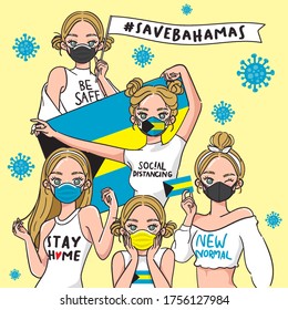 Vector Illustration for Campaign on Covid-19 Prevention : Set of pretty girls wearing medical mask and holding national flag : Flag of Bahamas
