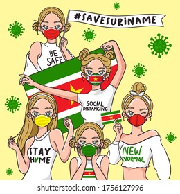 Vector Illustration for Campaign on Covid-19 Prevention : Set of pretty girls wearing medical mask and holding national flag : Flag of Suriname