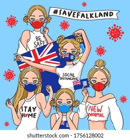 Vector Illustration for Campaign on Covid-19 Prevention : Set of pretty girls wearing medical mask and holding national flag : Flag of Falkland